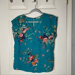 Women’s Turquoise Floral V-Neck Blouse Size L